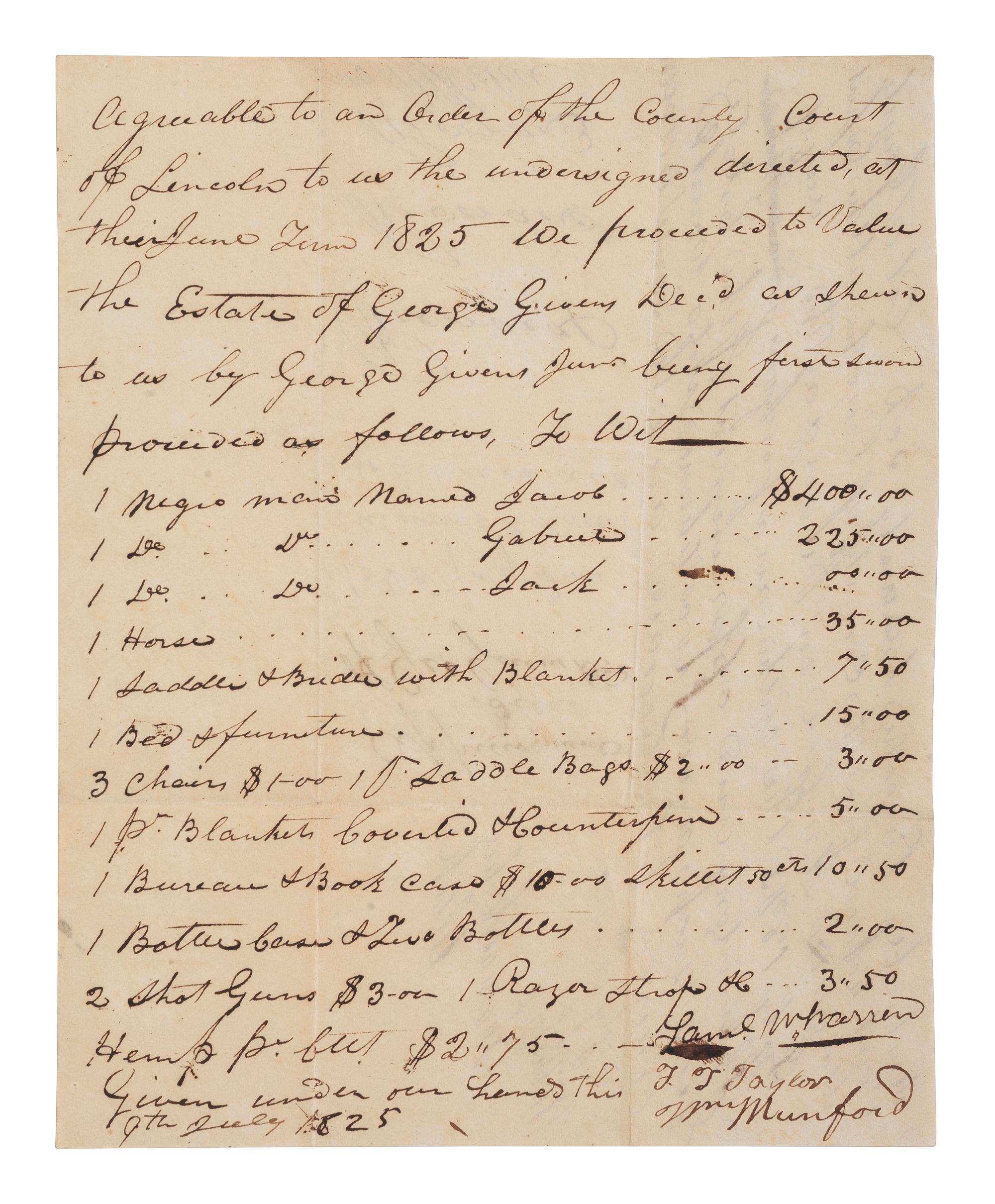 [ENSLAVEMENT & ABOLITION]. 2 Kentucky estate documents listing individual enslaved persons valued at zero dollars or "worthless." 1825, 1864.