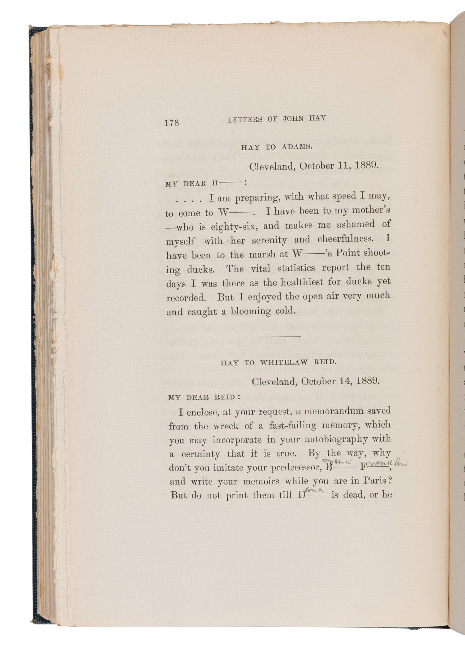 [LINCOLN, Robert Todd (1843-1926), his copy]. -- HAY, John (1838-1905). Letters of John Hay and Extracts from Diary . Washington, D.C.: Clara S. Hay, 1908.