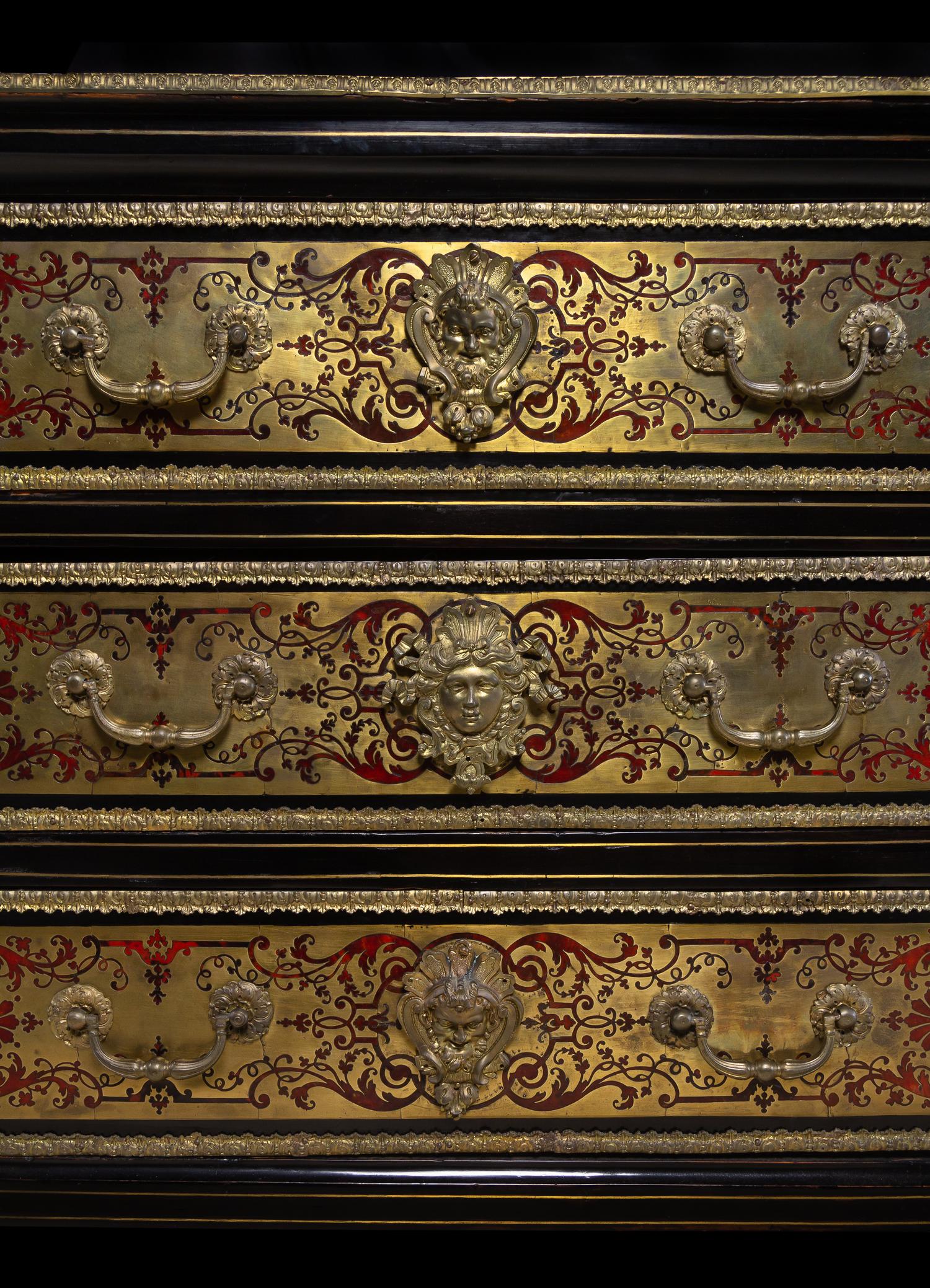 A Louis XIV Gilt Bronze Mounted Tortoise Shell and Brass Marquetry Commode in the Manner of André-Charles Boulle