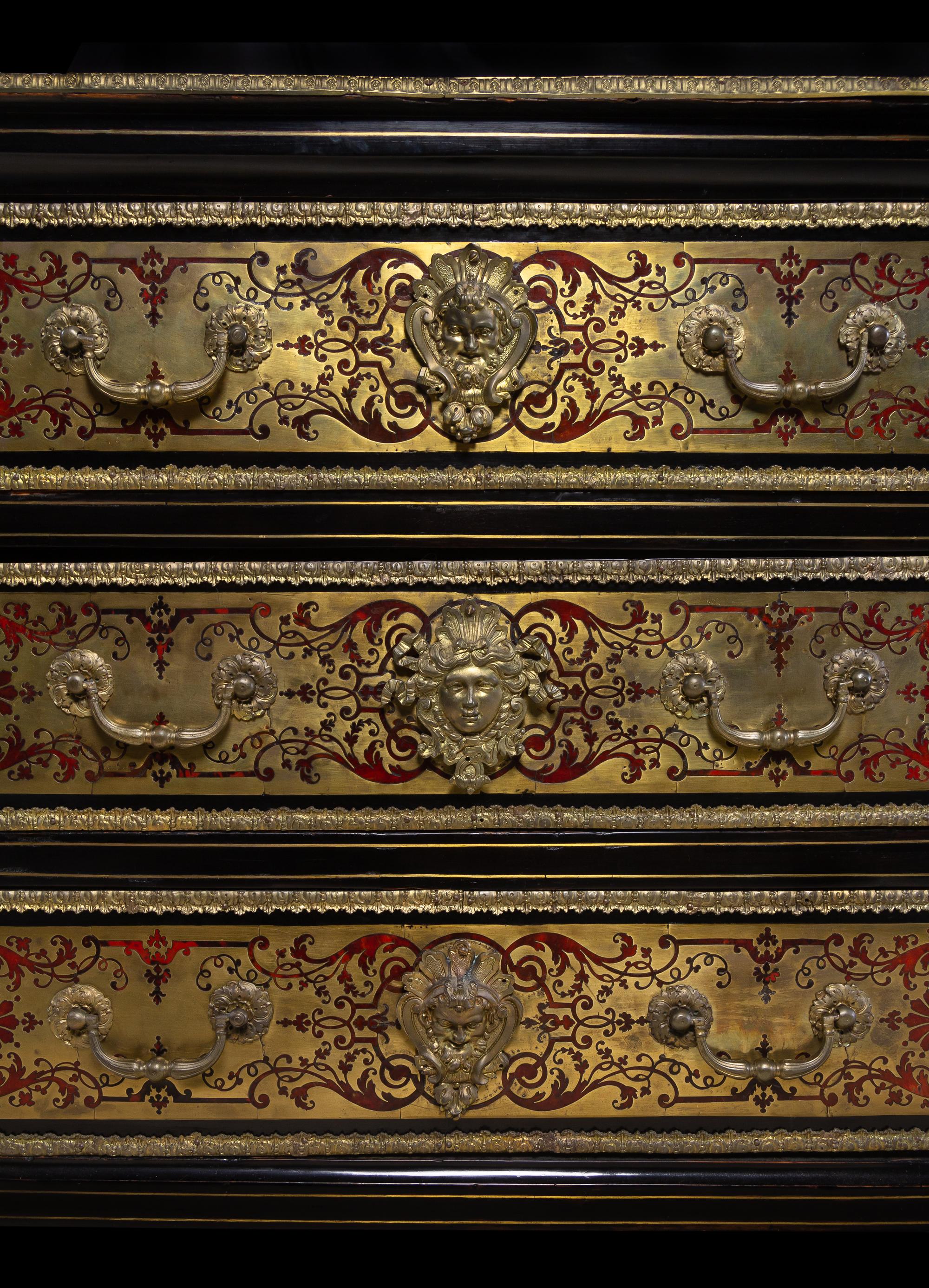 A Louis XIV Gilt Bronze Mounted Tortoise Shell and Brass Marquetry Commode in the Manner of André-Charles Boulle