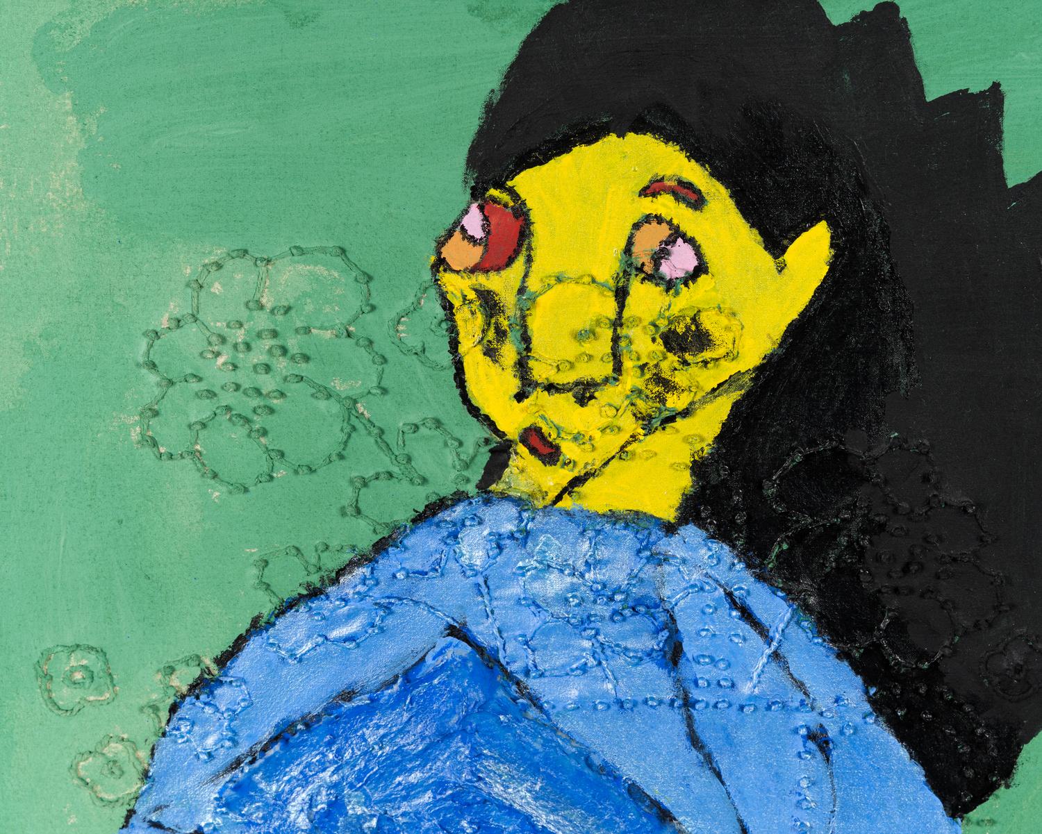 Untitled (Yellow Faced Woman in Blue Dress with Flowers)