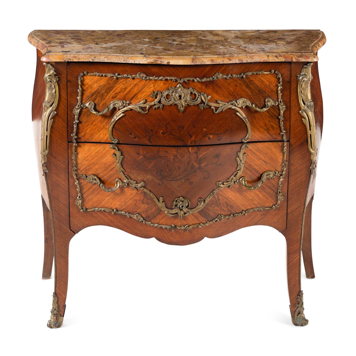 A Louis XV Style Gilt Bronze Mounted Marquetry Marble-Top Commode