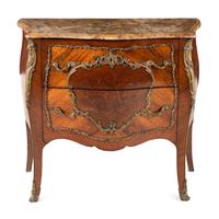 A Louis XV Style Gilt Bronze Mounted Marquetry Marble-Top Commode