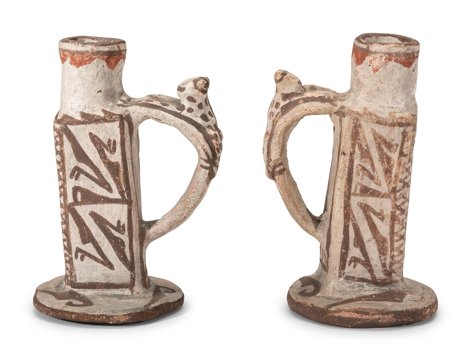 Pair of Zuni Figural Polychrome Pottery Candlesticks