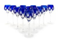 A Set of Twelve Cobalt Cut to Clear Glass Wine Stems Height 8 1/4 inches.