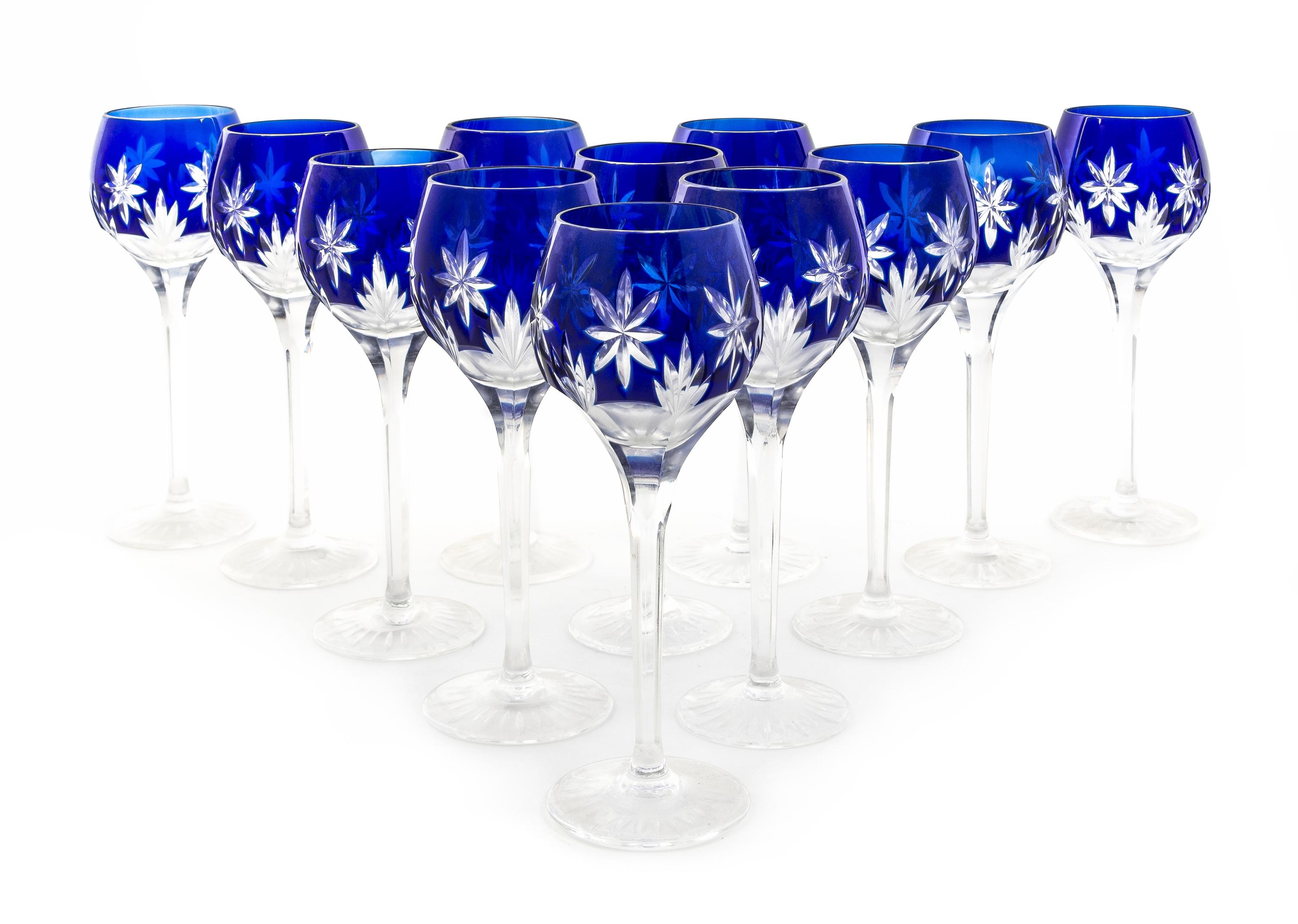 A Set of Twelve Cobalt Cut to Clear Glass Wine Stems Height 8 1/4 inches.