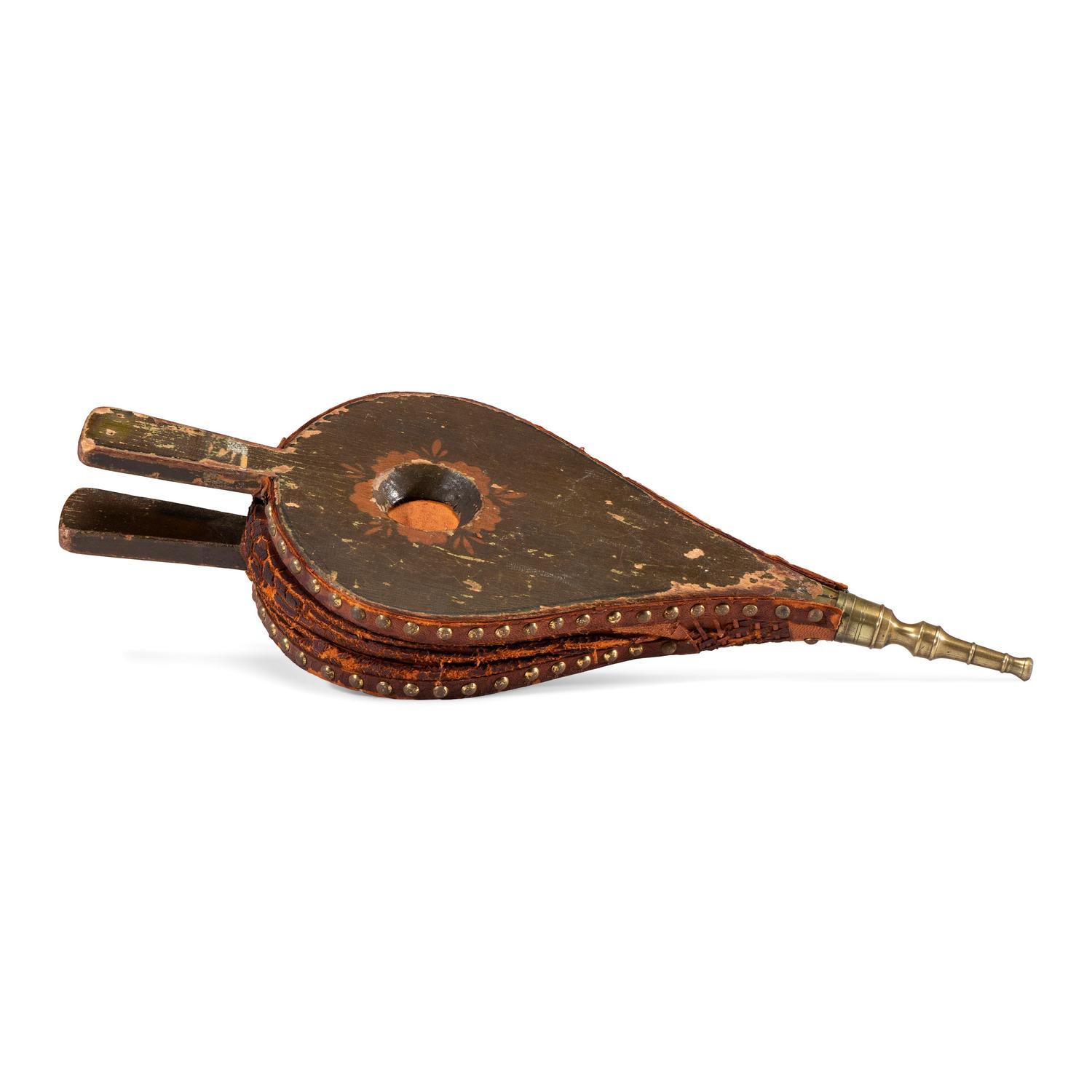 A Stencil and Paint Decorated Leather and Wood Bellows