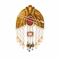 Cultured Pearl, Multigem, and Yellow Gold Brooch