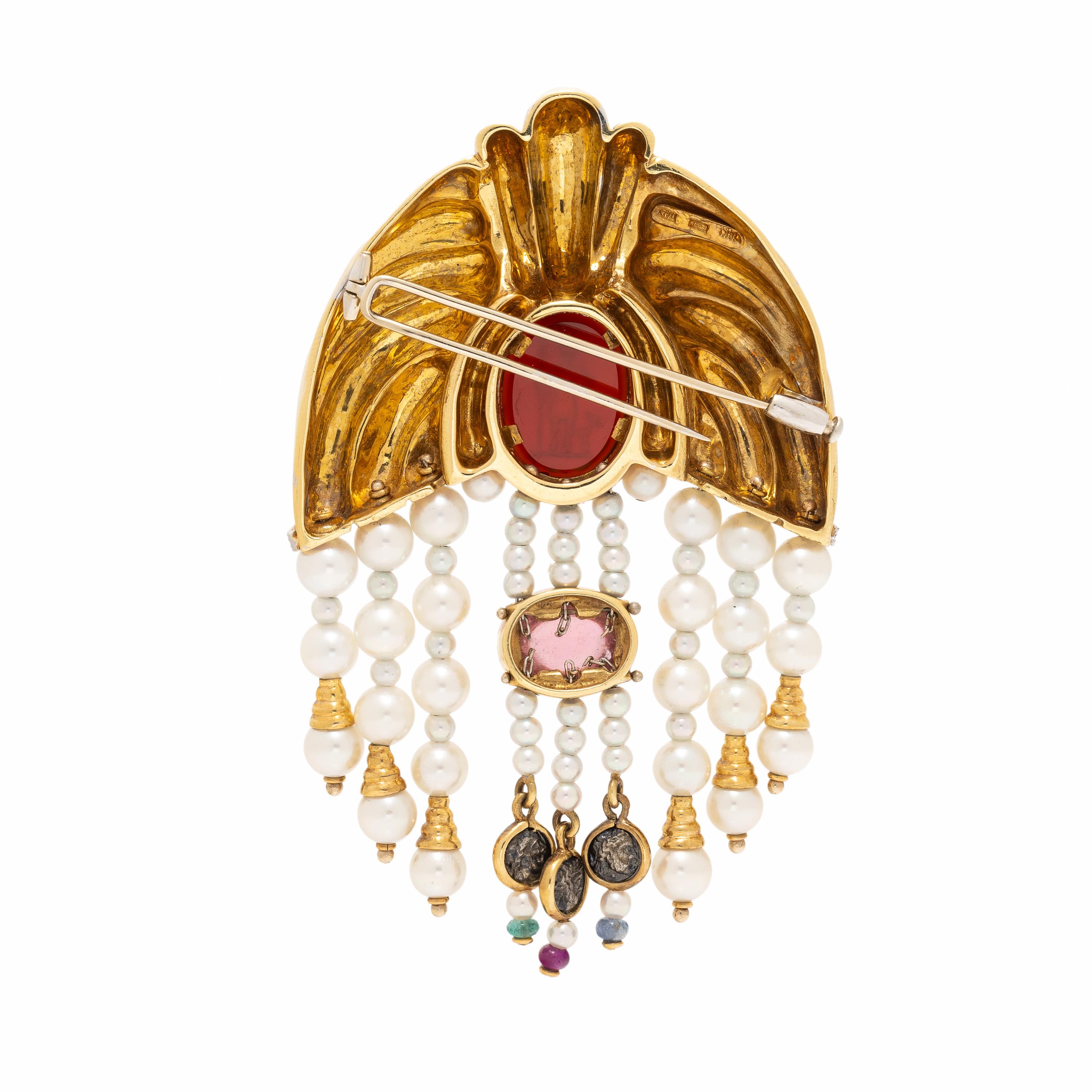 Cultured Pearl, Multigem, and Yellow Gold Brooch