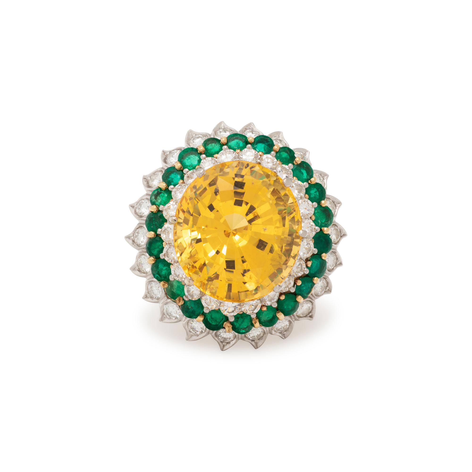 CARTIER, YELLOW SAPPHIRE, EMERALD, AND DIAMOND RING