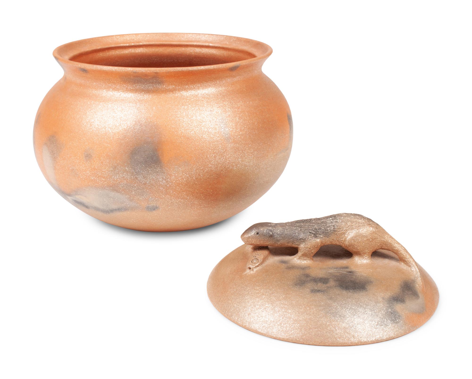 Micaceous Bean Pot, with Otter and Fish