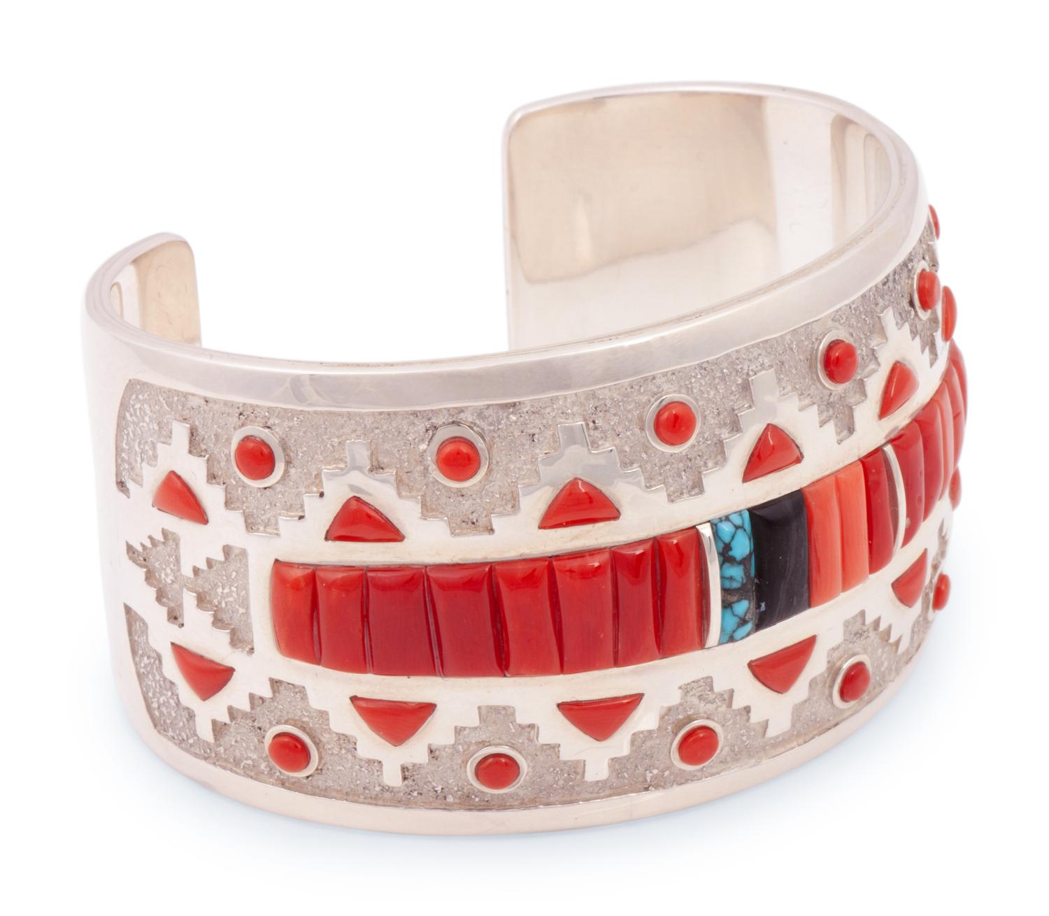 Sterling Silver Cuff Bracelet, with Coral and Turquoise Inlay