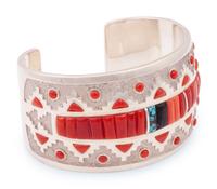 Sterling Silver Cuff Bracelet, with Coral and Turquoise Inlay