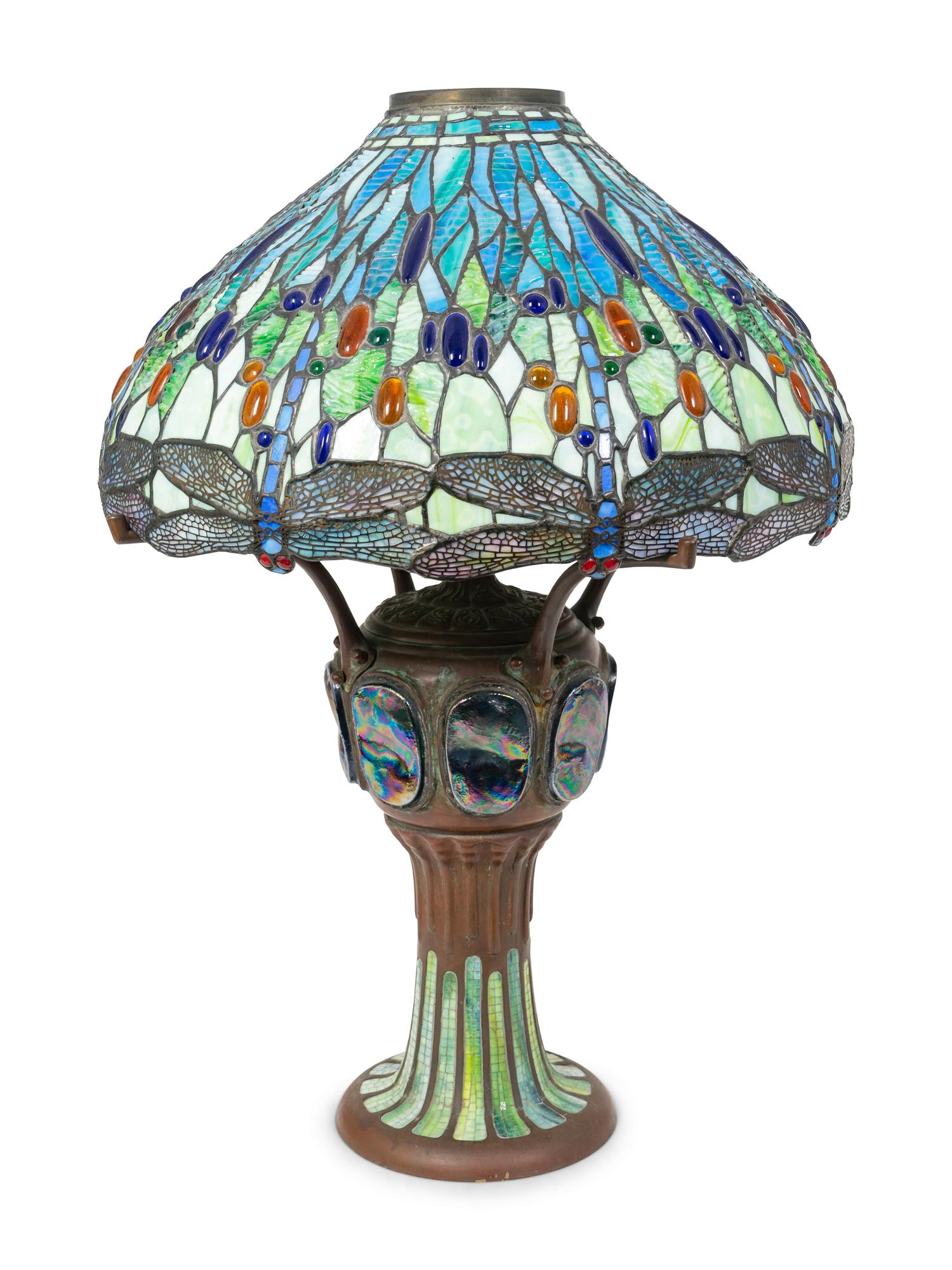 A Tiffany Style Drophead Dragonfly Bronze Lamp — EARLY 20TH CENTURY