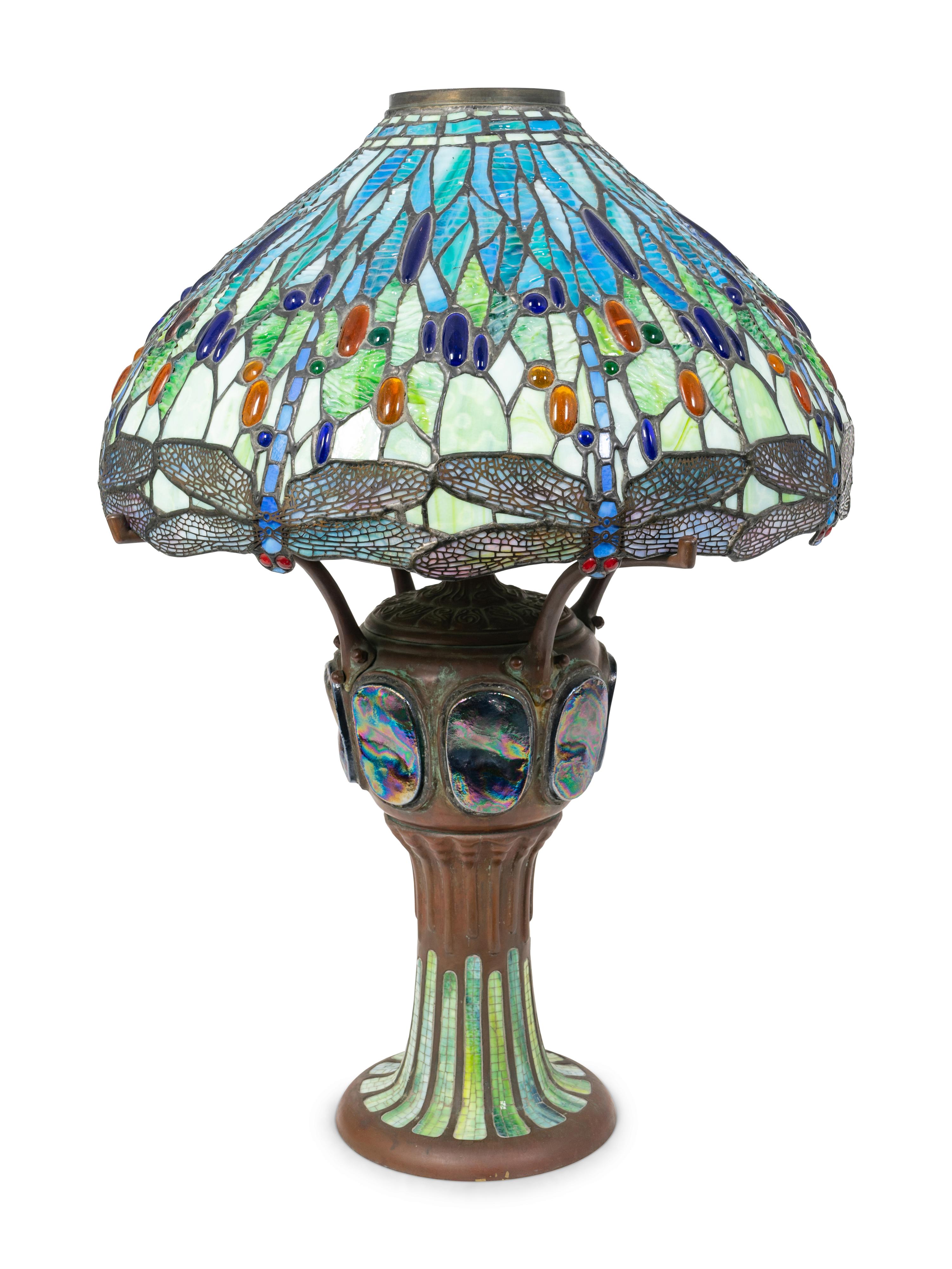 A Tiffany Style Drophead Dragonfly Bronze Lamp — EARLY 20TH CENTURY