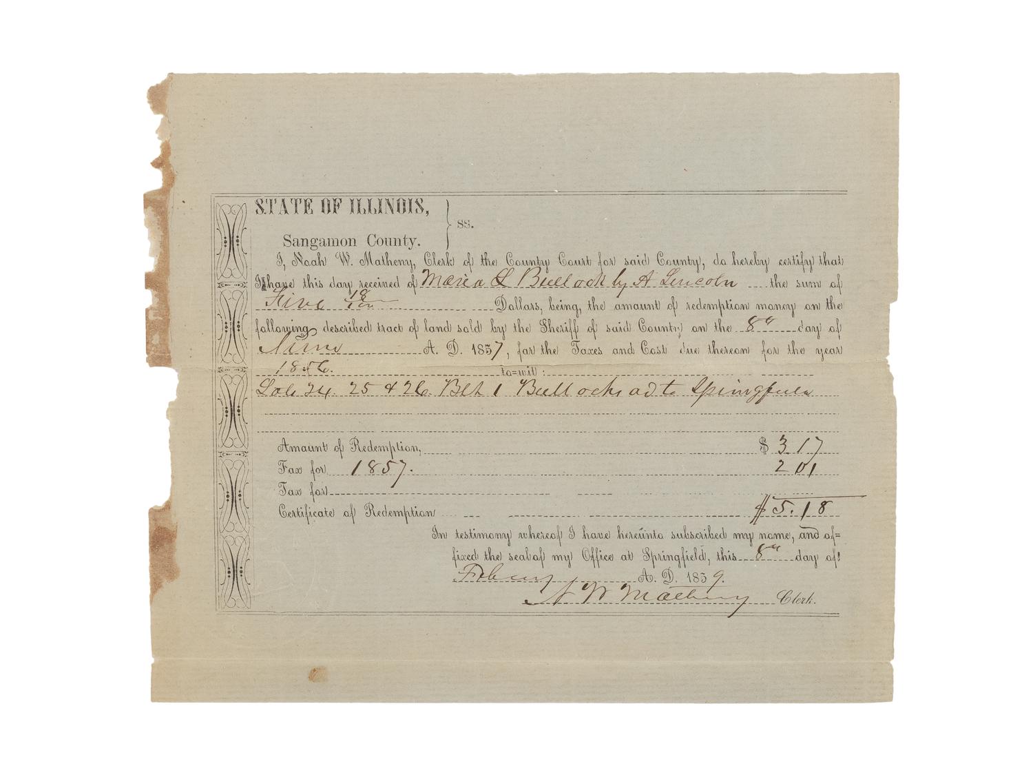 LINCOLN, Abraham (1809-1865). A small archive of 9 manuscript and partially printed documents relating to the Bullock Land Transaction, Springfield, Illinois, 1855-1859, comprising: