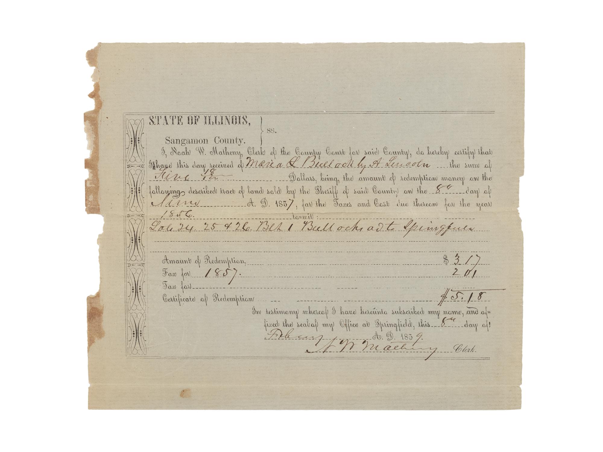 LINCOLN, Abraham (1809-1865). A small archive of 9 manuscript and partially printed documents relating to the Bullock Land Transaction, Springfield, Illinois, 1855-1859, comprising: