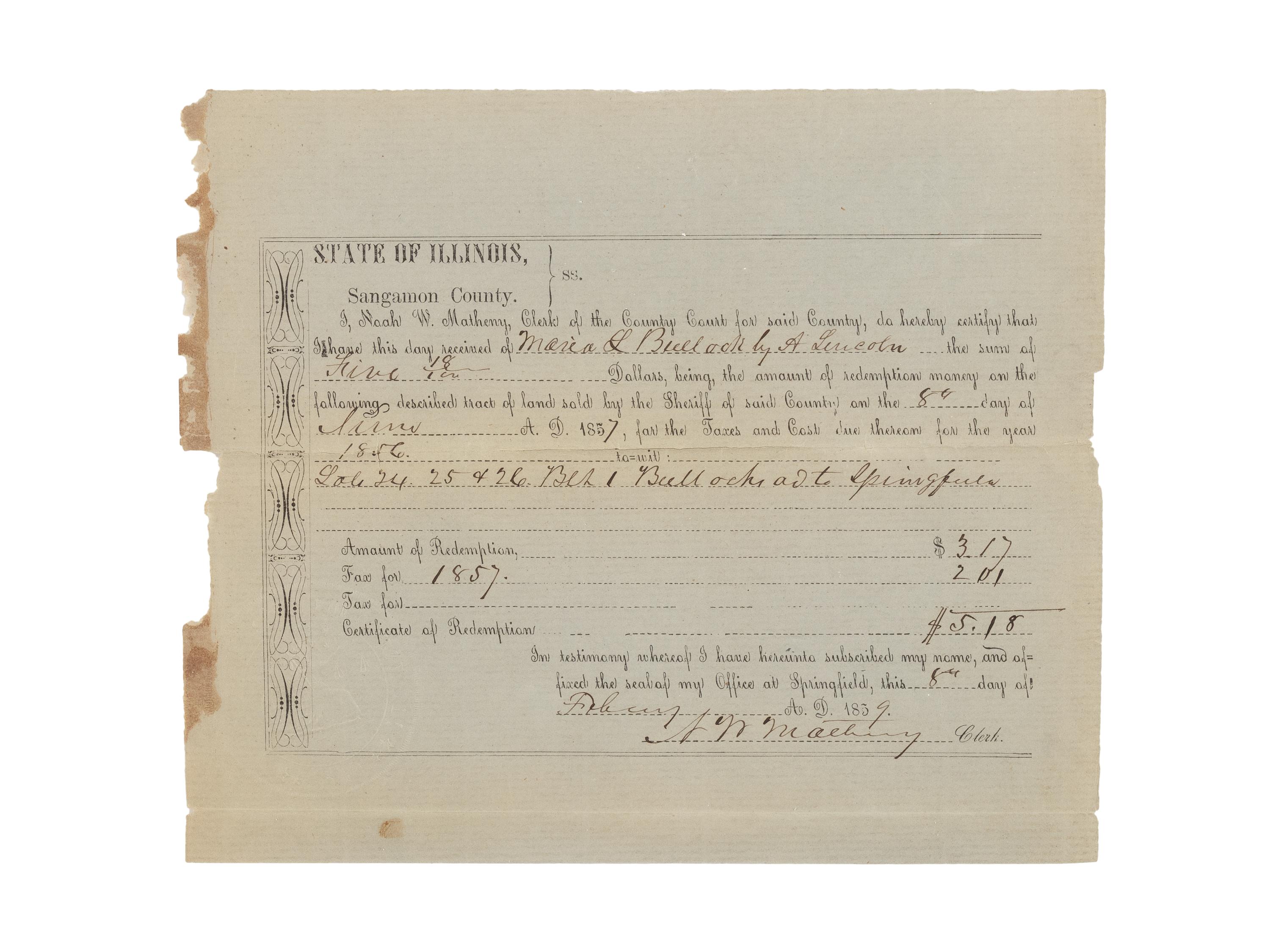 LINCOLN, Abraham (1809-1865). A small archive of 9 manuscript and partially printed documents relating to the Bullock Land Transaction, Springfield, Illinois, 1855-1859, comprising: