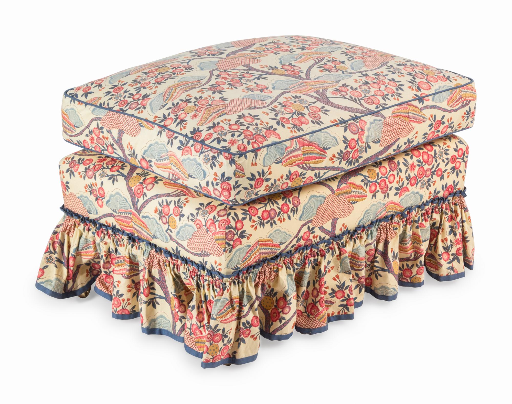 Two Contemporary Chintz-Upholstered Chairs with Ottoman