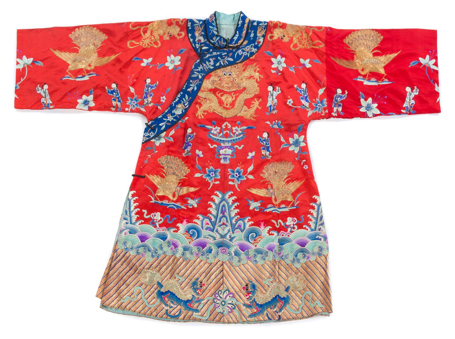 A Chinese Red Embroidered Silk Dragon Robe MID/LATE QING DYNASTY Length 39 1/4 inches. — MID/LATE QING DYNASTY