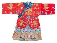 A Chinese Red Embroidered Silk Dragon Robe MID/LATE QING DYNASTY Length 39 1/4 inches. — MID/LATE QING DYNASTY