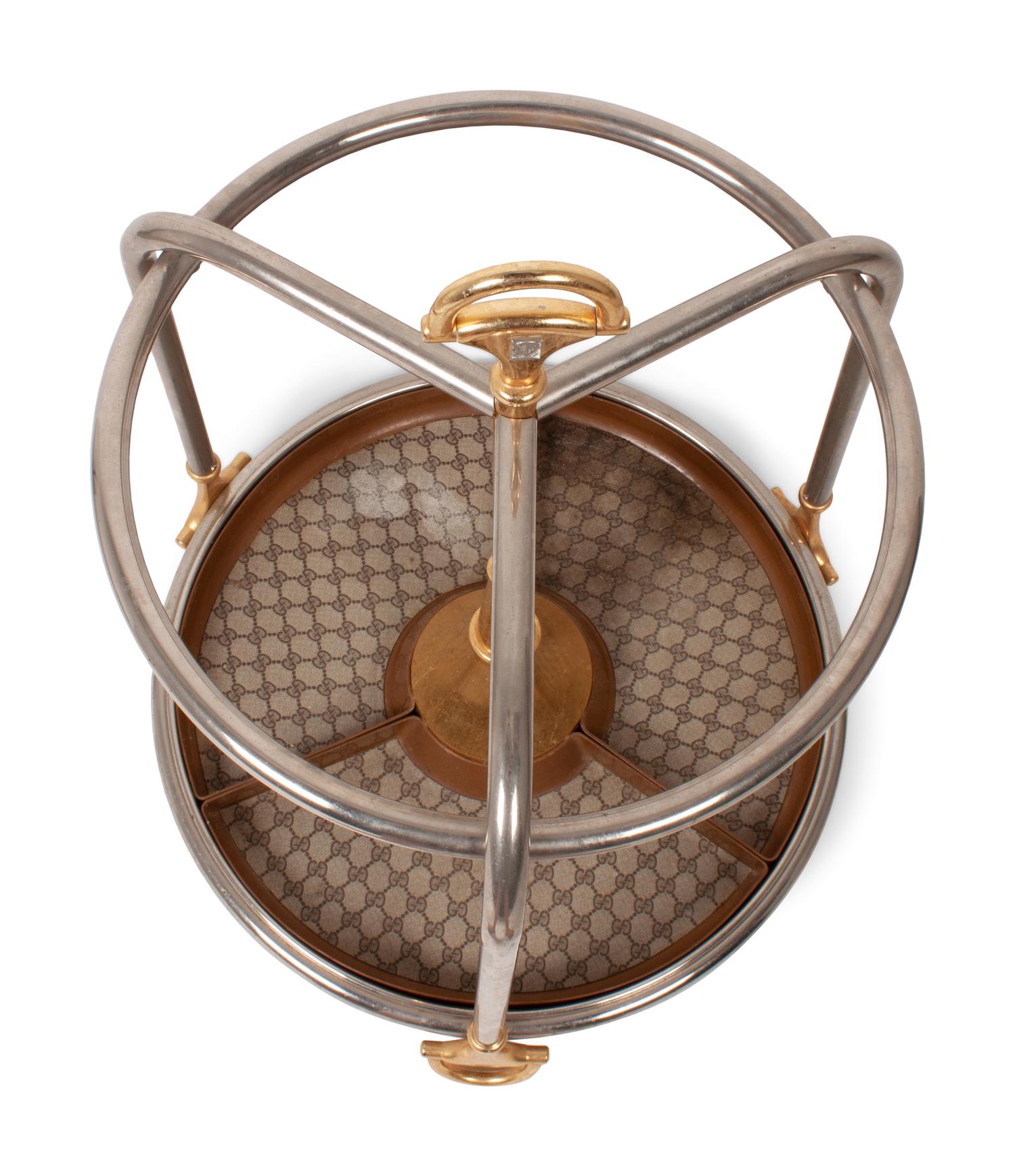 A Gucci Chrome, Brass and Monogram Canvas Umbrella Stand