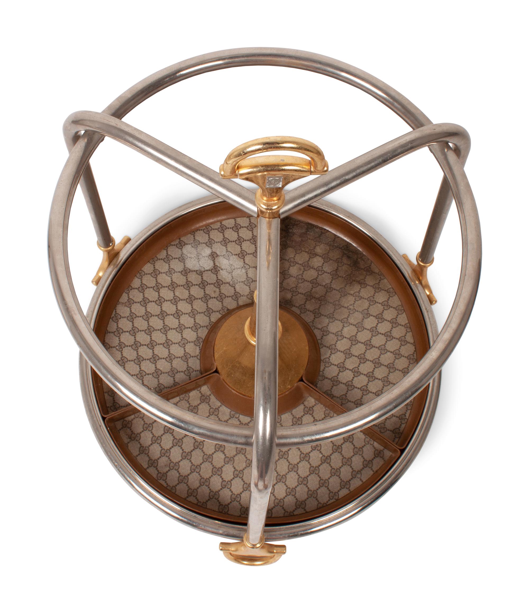 A Gucci Chrome, Brass and Monogram Canvas Umbrella Stand