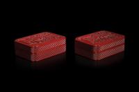 A Pair of Chinese Cinnabar Lacquer Boxes, Late 19th to 20th Century 晚清-民國 剔紅高士圖倭角方盒一對