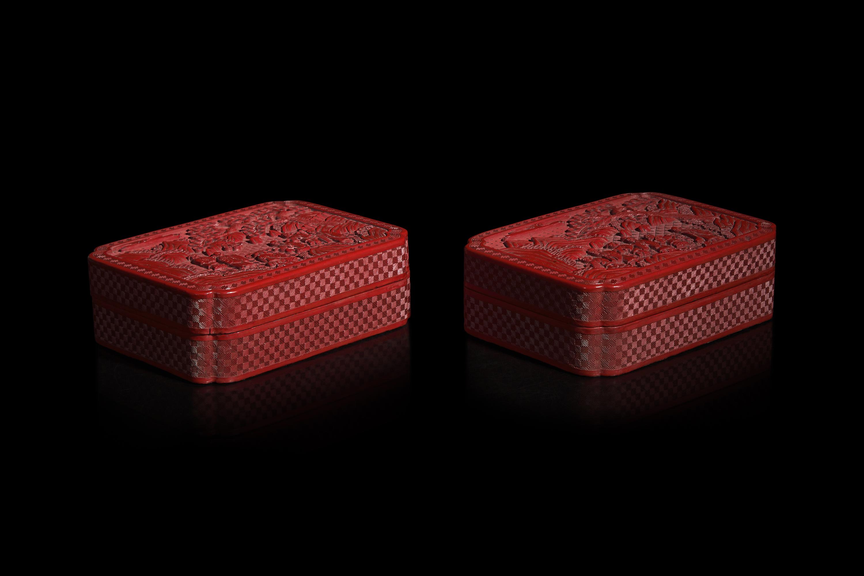 A Pair of Chinese Cinnabar Lacquer Boxes, Late 19th to 20th Century 晚清-民國 剔紅高士圖倭角方盒一對
