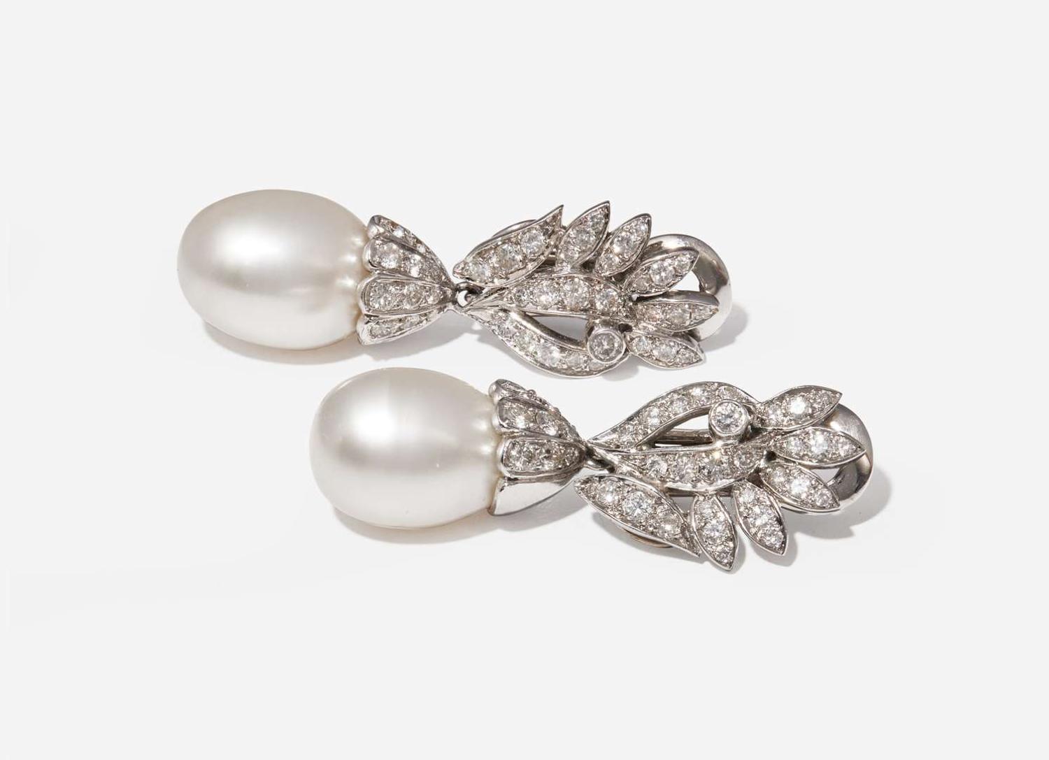A Pair of 14K White Gold, South Sea Pearl and Diamond Earrings
