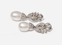 A Pair of 14K White Gold, South Sea Pearl and Diamond Earrings