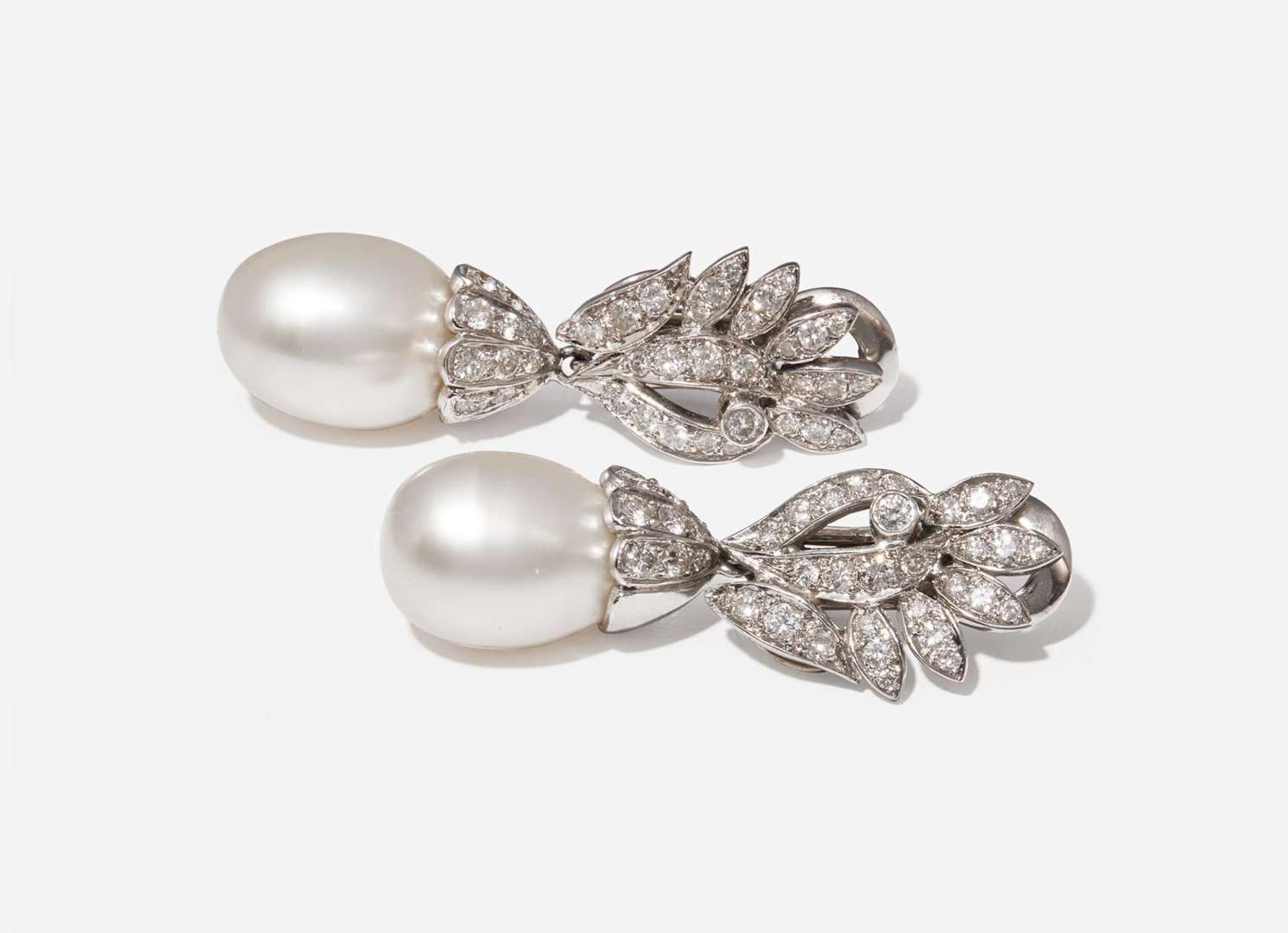 A Pair of 14K White Gold, South Sea Pearl and Diamond Earrings