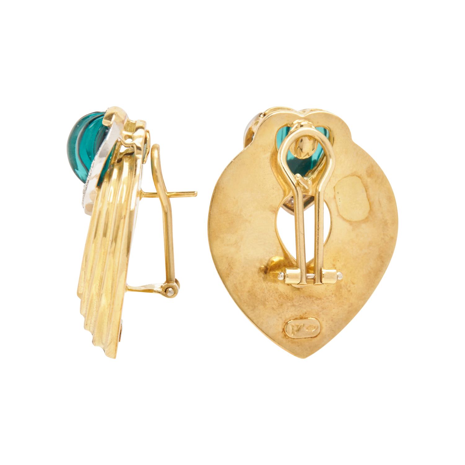 YELLOW GOLD, CARVED GREEN STONE AND DIAMOND CLIP EARRINGS