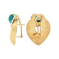 YELLOW GOLD, CARVED GREEN STONE AND DIAMOND CLIP EARRINGS