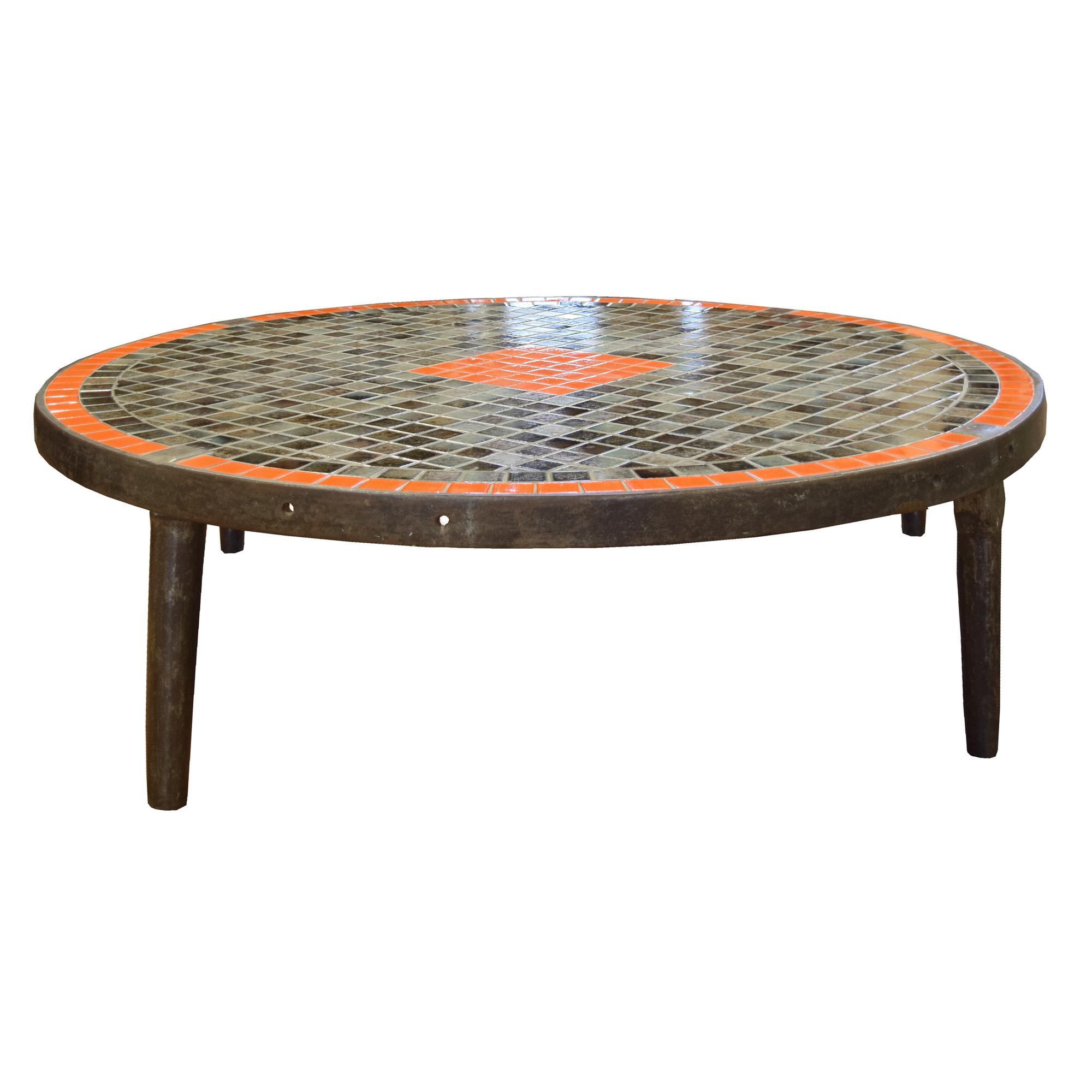 A Mid-Century Iron and Tile Coffee Table 61" W x 61" D x 17.5" H 17.5" H — France, Mid-20th Century