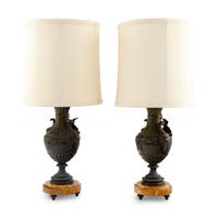 A Pair of French Cast Metal and Marble Lamps