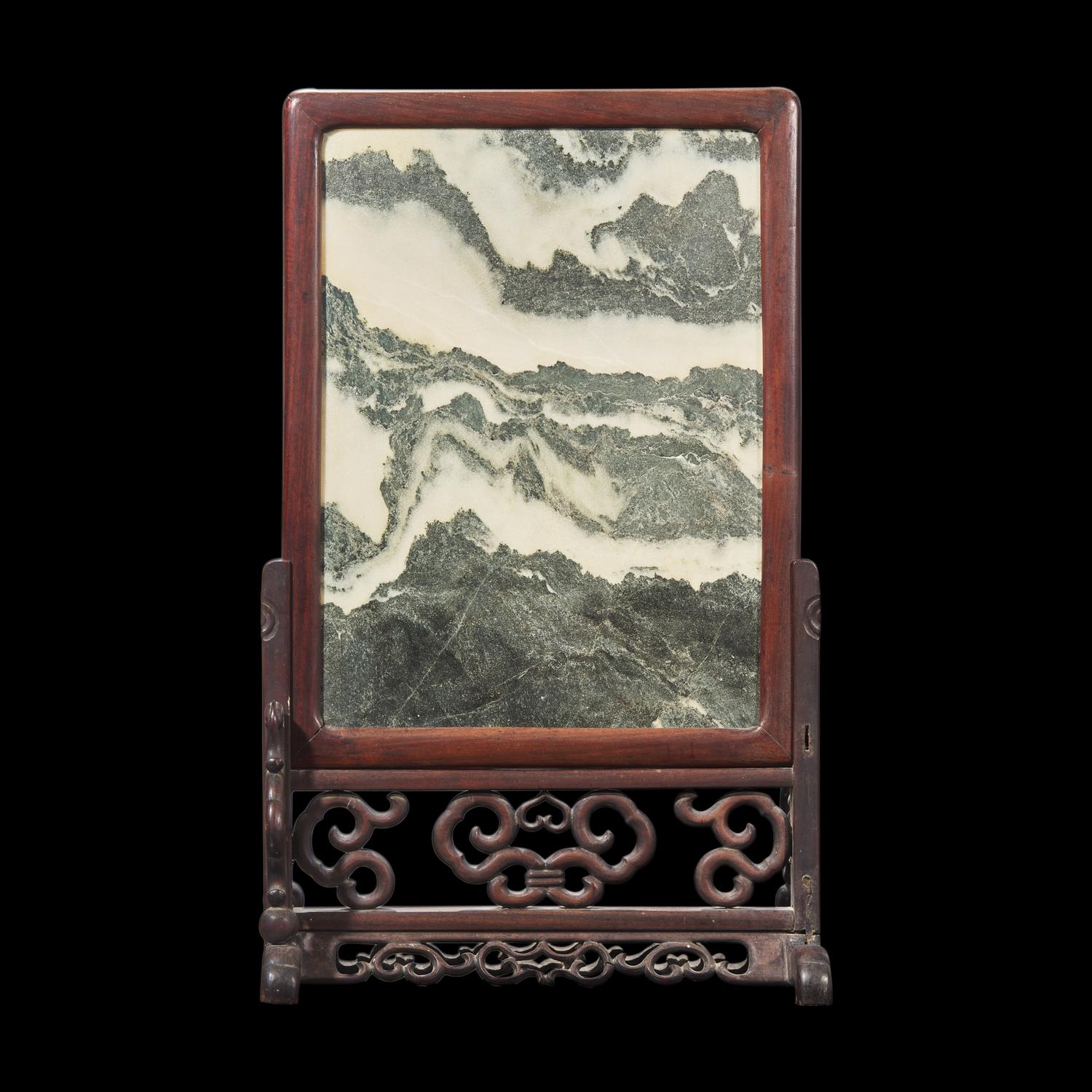 A Chinese "Dali" Marble Inset Carved Hardwood Table Screen, 19th/20th Century 晚清-民國 酸枝木大理石插屏