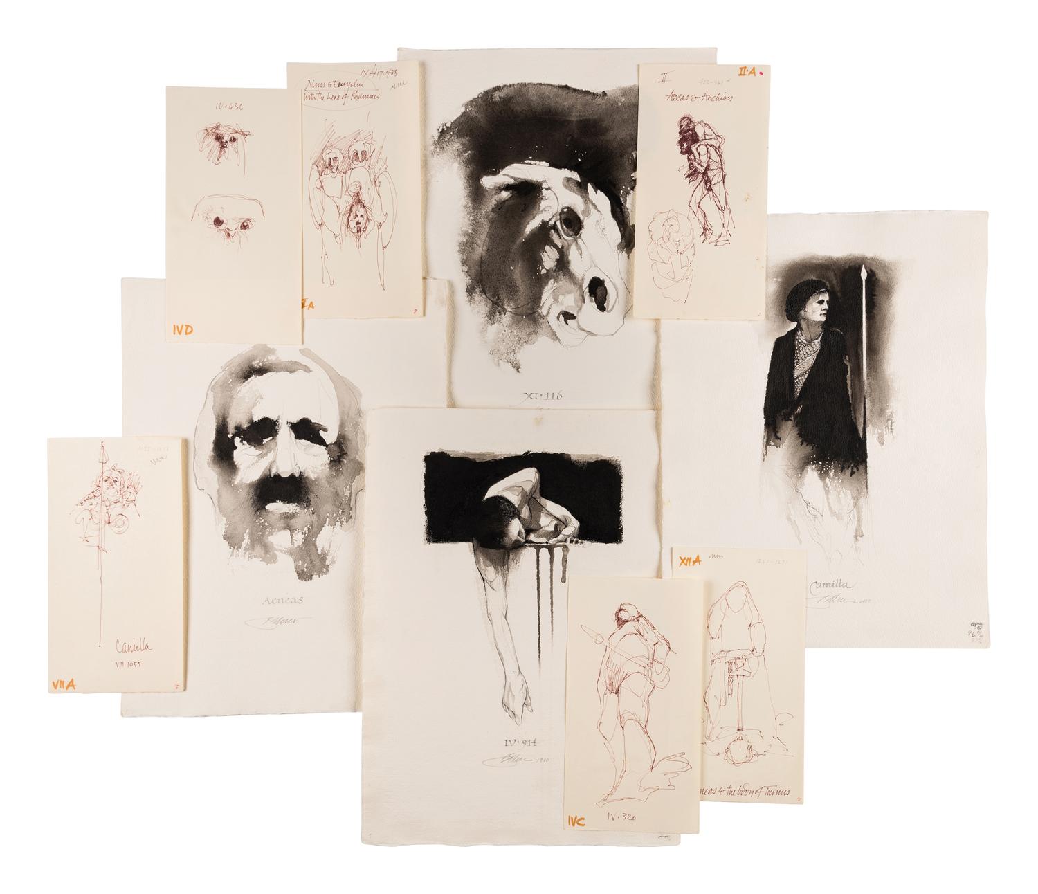 [MOSER, Barry, illustrator]. VIRGIL MARO, Publius. 9 original pen & ink with wash and pencil drawings for Allen Mandelbaum’s translation of Virgil’s Aeneid , published 1981. [ca 1980]. Each 390 x 285 mm. Each signed and dated by Moser, and with his calligraphic captions (as they appear in published edition) and annotations for the printer. Accompanied by 32 small ink rough sketches for the work, each 226 x 117 mm. With numerous captions and annotations including book and verse references.