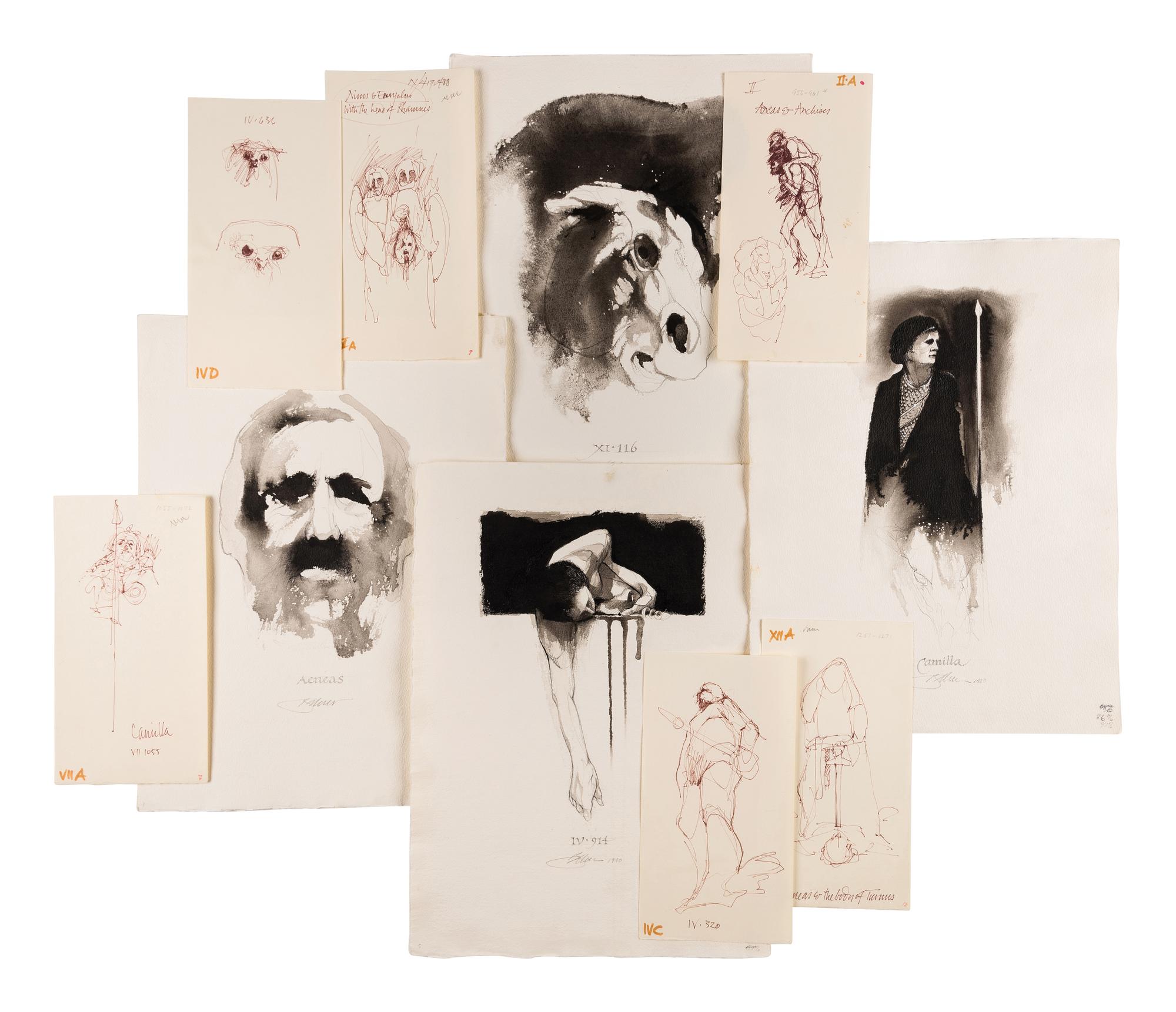 [MOSER, Barry, illustrator]. VIRGIL MARO, Publius. 9 original pen & ink with wash and pencil drawings for Allen Mandelbaum’s translation of Virgil’s Aeneid , published 1981. [ca 1980]. Each 390 x 285 mm. Each signed and dated by Moser, and with his calligraphic captions (as they appear in published edition) and annotations for the printer. Accompanied by 32 small ink rough sketches for the work, each 226 x 117 mm. With numerous captions and annotations including book and verse references.