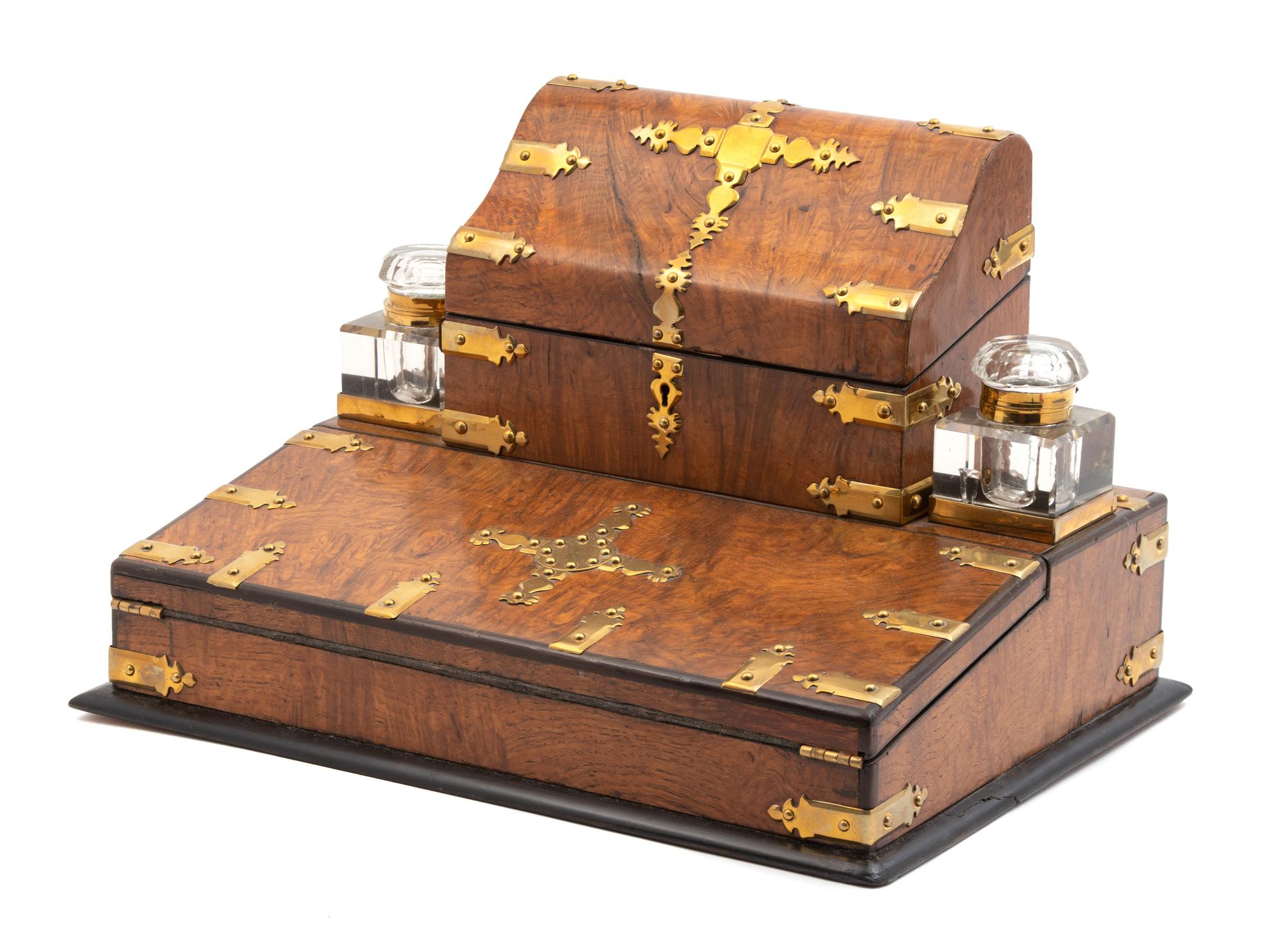 An English Burlwood and Brass Mounted Lap Desk Height 10 x width 14 x depth 10 inches. — LATE 19TH CENTURY