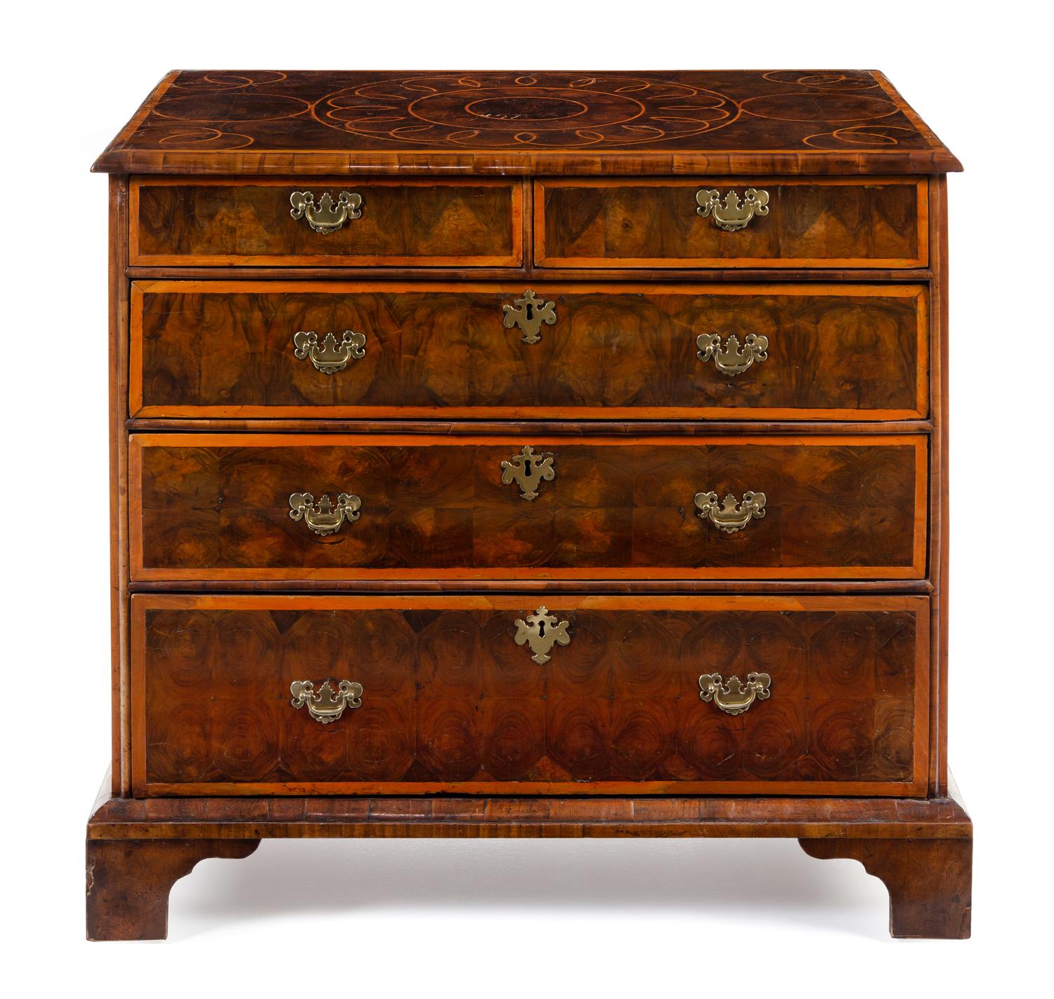 A William and Mary Oysterwood Veneered Chest of Drawers Height 34 x width 38 x depth 22 inches. — LATE 17TH/EARLY 18TH CENTURY