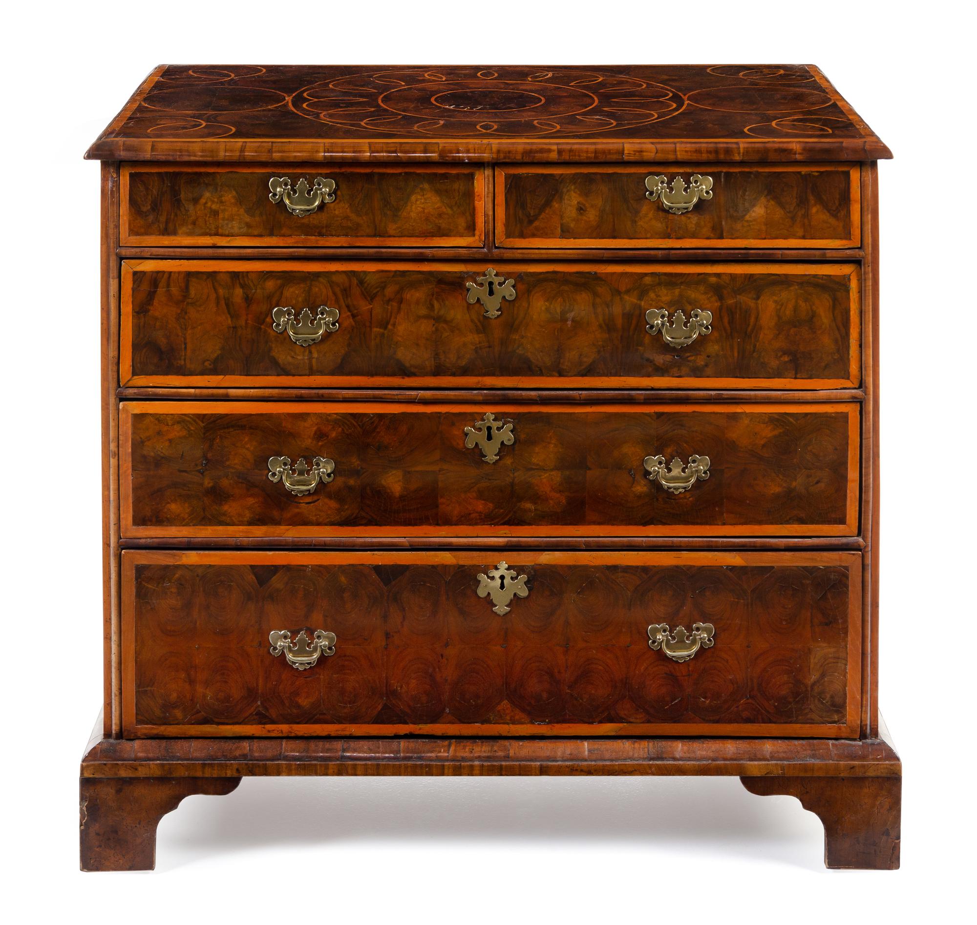 A William and Mary Oysterwood Veneered Chest of Drawers Height 34 x width 38 x depth 22 inches. — LATE 17TH/EARLY 18TH CENTURY