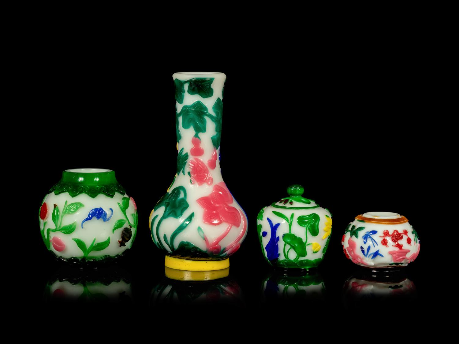 Four Chinese Multi-Colored Overlay Translucent White Glass Articles