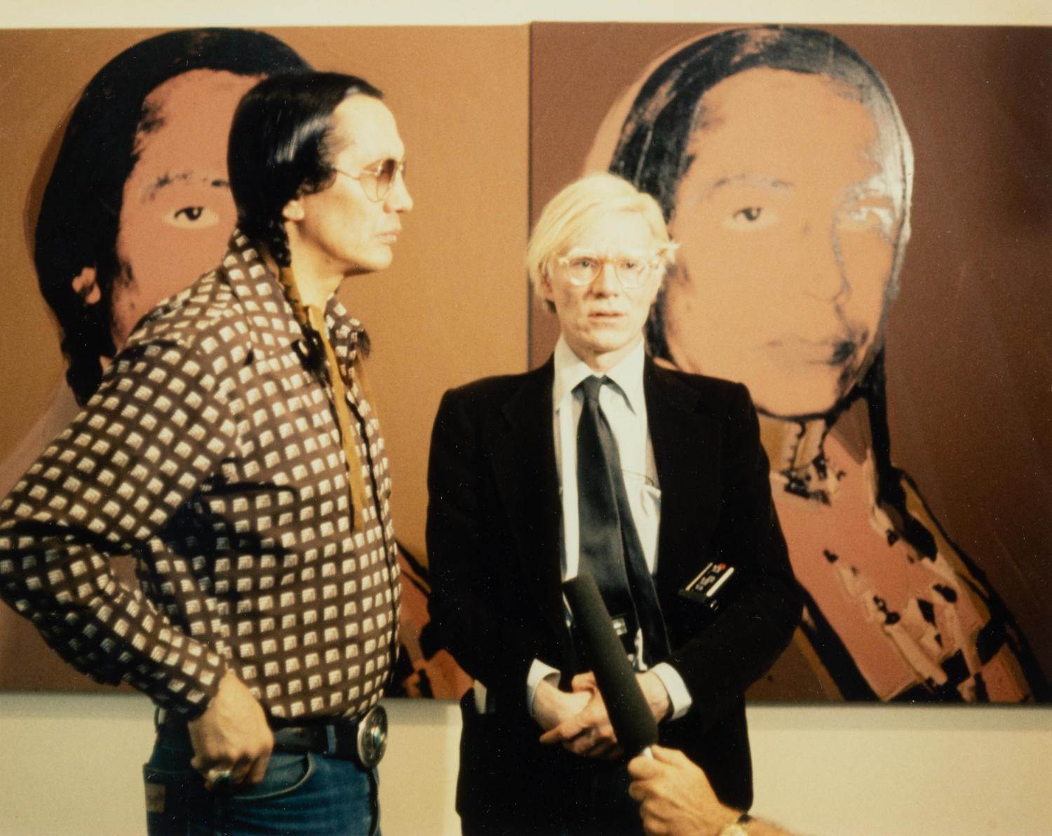 Group of 4 Portraits of Artists (including Jasper Johns, Roy Lichtenstein, Andy Warhol with Russell Means, and an unknown artist's hand with sketchbook)