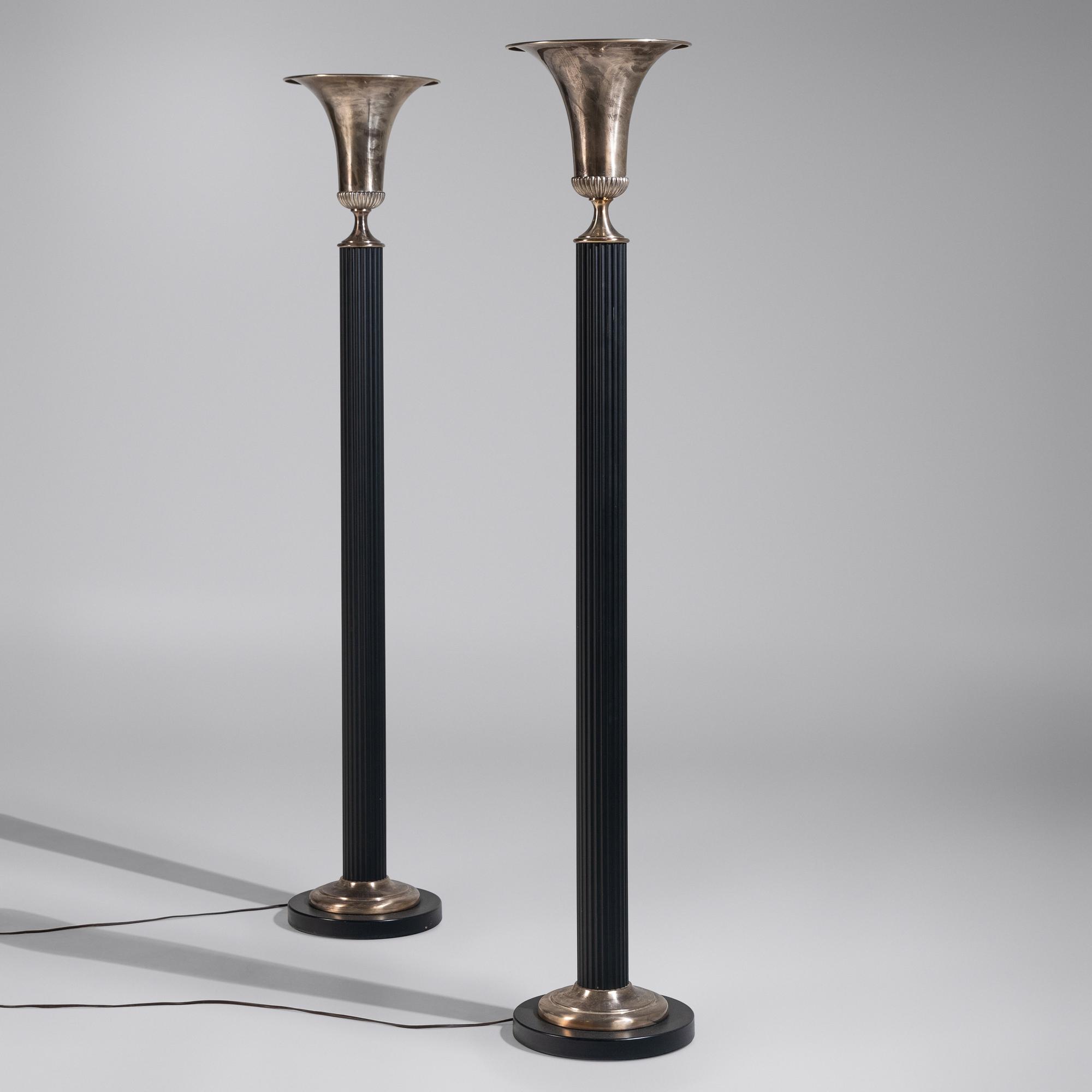 Pair of Silvered and Patinated Metal Torchère Floor Lamps