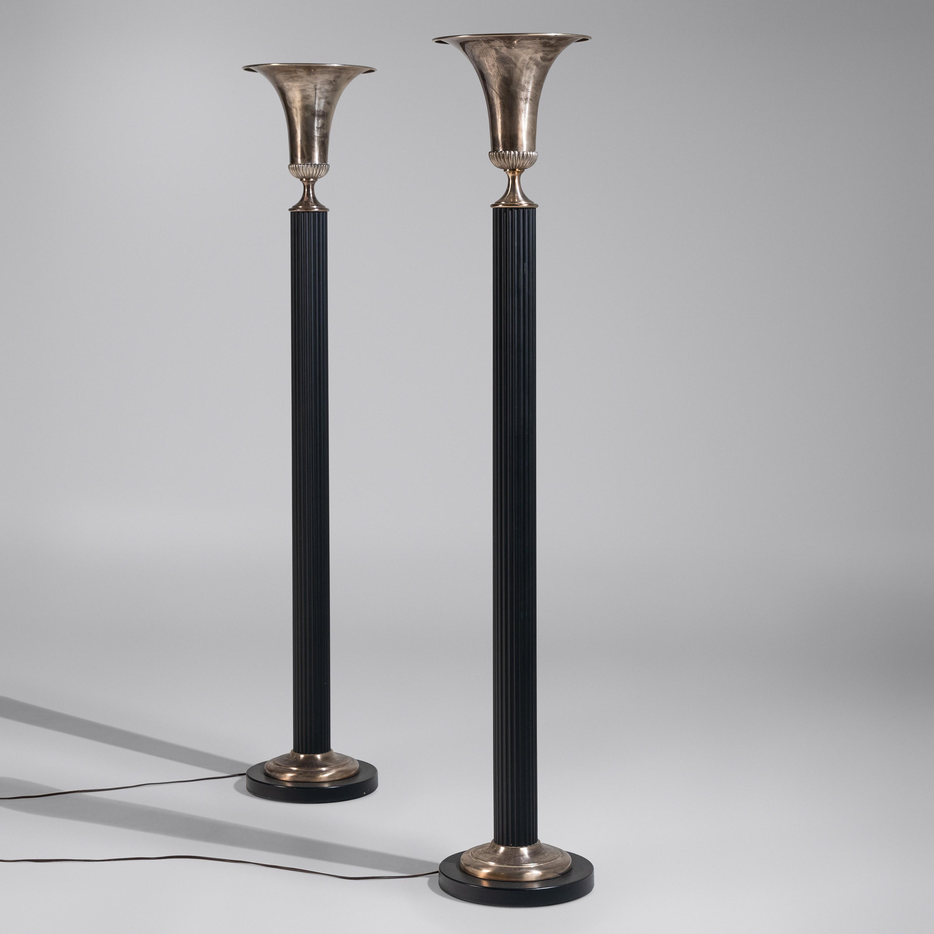 Pair of Silvered and Patinated Metal Torchère Floor Lamps