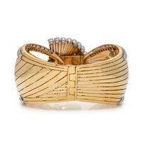 FRENCH, RETRO, YELLOW GOLD, PLATINUM AND DIAMOND BANGLE BRACELET