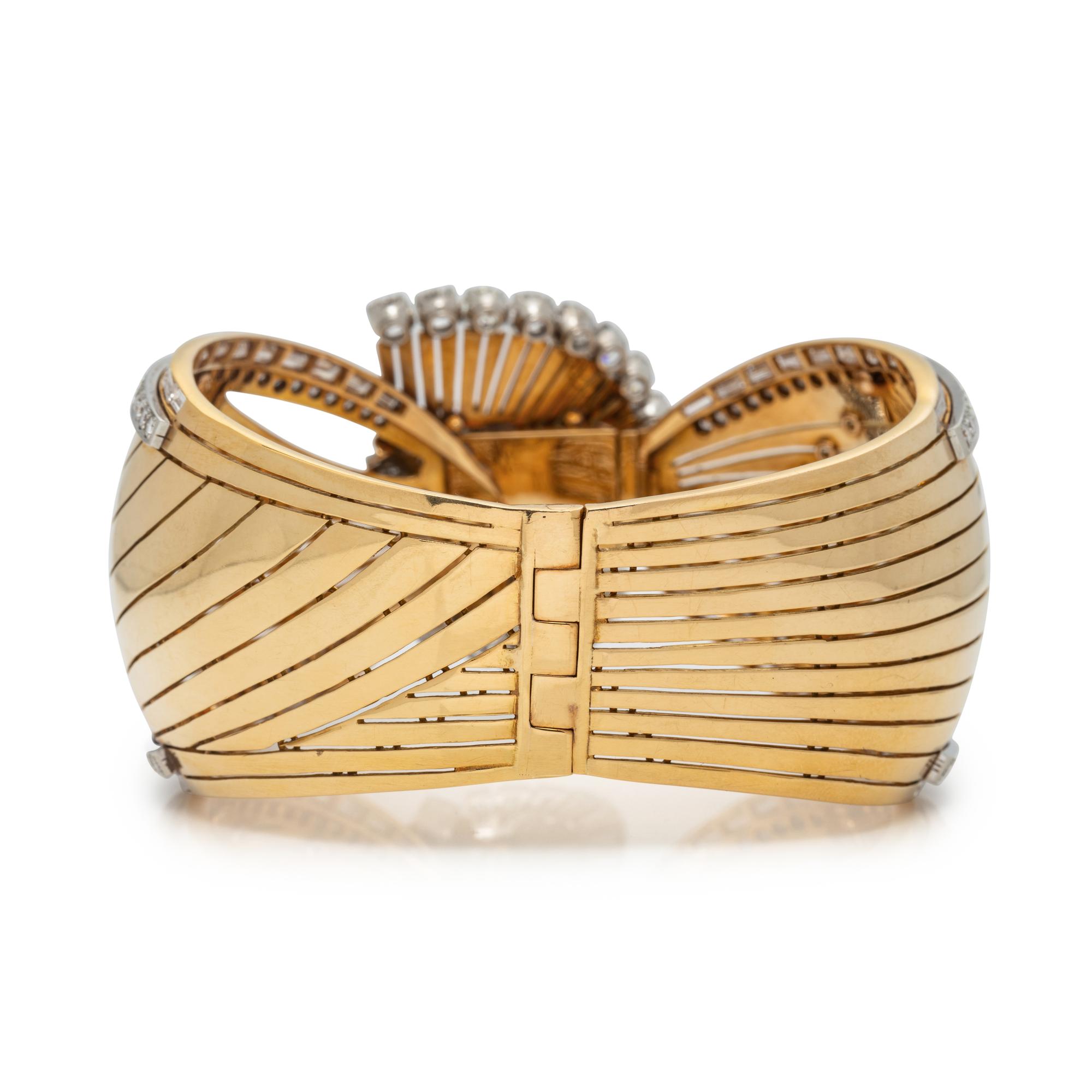FRENCH, RETRO, YELLOW GOLD, PLATINUM AND DIAMOND BANGLE BRACELET