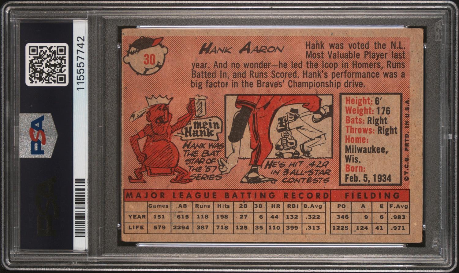A 1958 Topps Hank Aaron Baseball Card No. 30 (PSA 3 VG) from The Collection of David Eisenhower