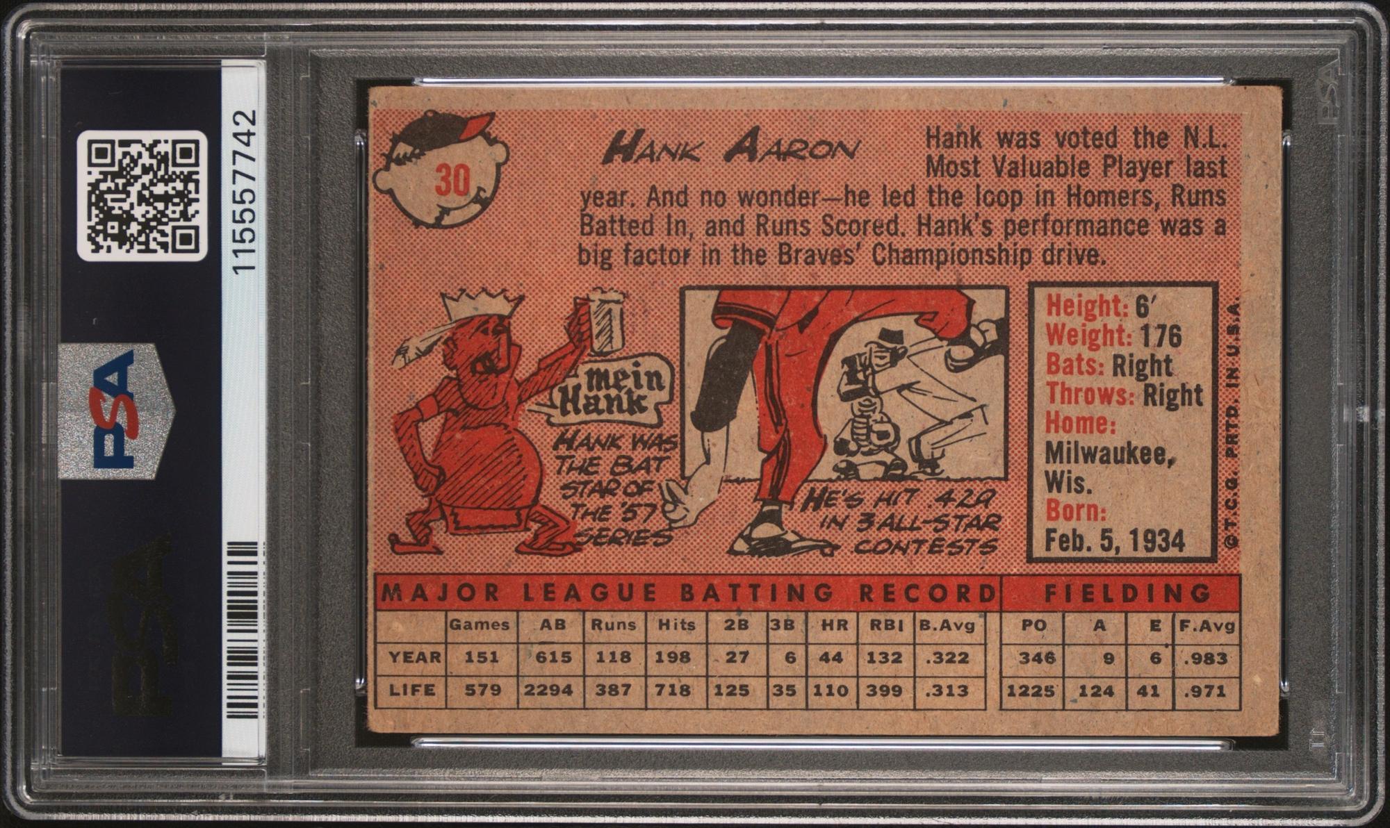 A 1958 Topps Hank Aaron Baseball Card No. 30 (PSA 3 VG) from The Collection of David Eisenhower